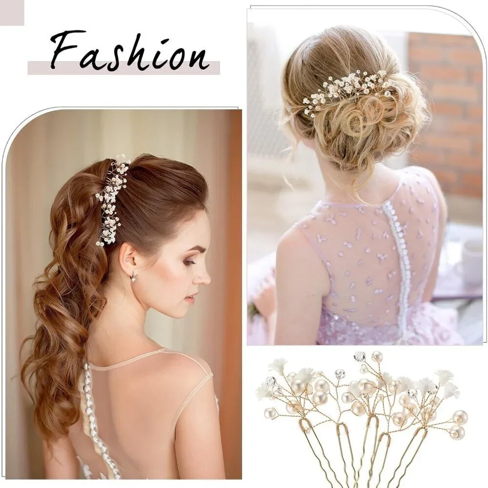 14 Pcs Baby's Breath Hair Pins Boho Bridal Pearl Flower Wedding Hair Accessories